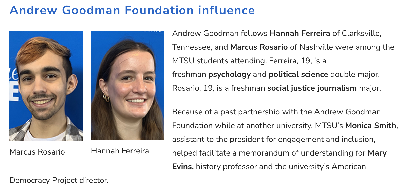Honors student Hannah Ferreira is named one of the first Andrew Goodman Ambassadors at MTSU.